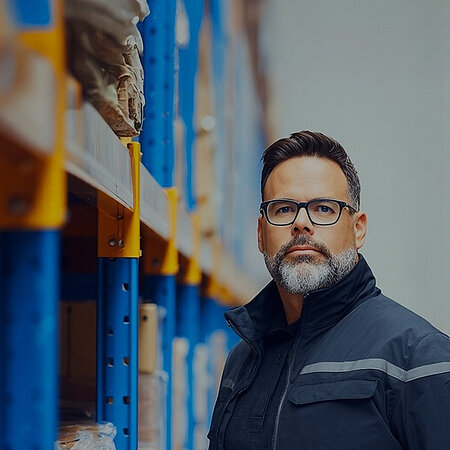 Ein Mann mit Brille und grau meliertem Bart steht in einer blauen Arbeitsjacke seitlich neben einem Regal. 