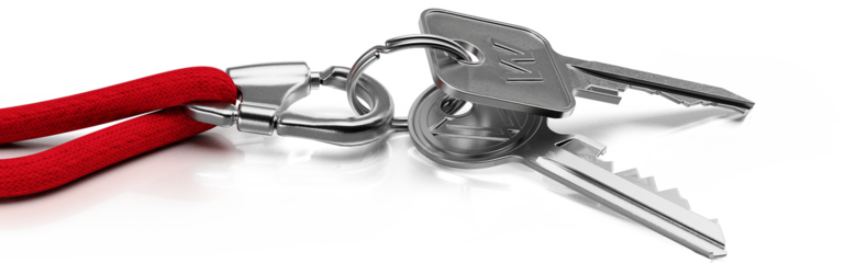 Ein Schlüsselbund mit zwei Schlüsseln und einem roten Schlüsselband. Auf den Schlüsseln ist das W von Westfleisch eingeprägt.