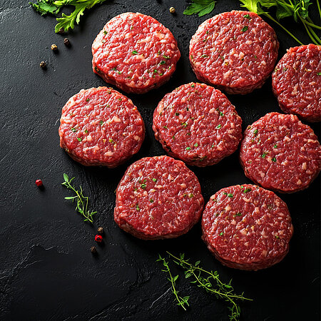 Rohe Burgerpatties liegen symmetrisch angeordnet auf einer großen Schieferplatte. Eine Gewürze sind als Dekoration verteilt. 