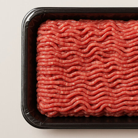 Rohes Hackfleisch in einer schwarzen Kunststoffverpackung. 