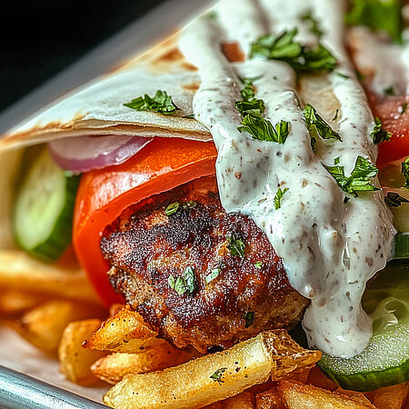 Ein Gericht aus Salat, Fleisch und Pommes. Der Salat und das Fleisch sind in Teig eingerollt und mit einer hellen Soße übergossen.