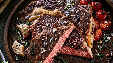 Ein Bild im Querformat von einem gedeckten Tisch von oben fotografiert. Darauf befindet sich ein Teller mit gebratenem Steak, eine Schüssel mit Salat, Besteck und ein bisschen Deko drumherum wie Tomaten und Knoblauch.