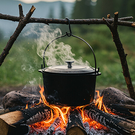Ein Gusseiserner Topf hängt an einem Gestell über einem Lagerfeuer auf einer Wiese. Es brennt ein Feuer unter dem Topf. Im Hintergrund kann man Wald erkennen.