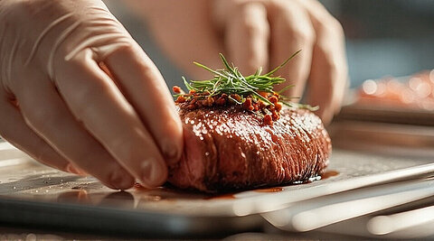 Zwei Hände mit weißen Lebensmittelhandschuhen formen aus rohem Hackfleisch einen Burgerpattie.