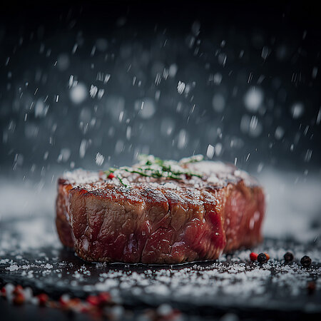 Der Fokus des Bildes ist ein medium gebratenes Steak. Es liegt auf einer schwarzen Schieferplatte, auf der einige Gewürze und Schneeflocken liegen. Im Bild sind weitere Schneeflocken auf dunklem Hintergrund zu sehen. Auf dem Steak liegen weitere Gewürze. 