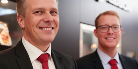 Zwei Mitarbeiter von Westfalenland lächeln in die Kamera. Sie tragen Anzüge und rote Krawatten. 