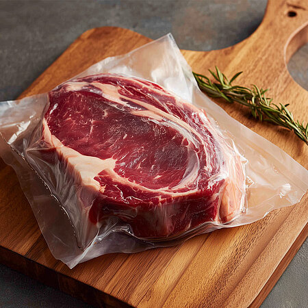 Ein vakuumverpacktes rohes Stück Fleisch liegt auf einem Holzbrett. 