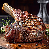 Ein gegrilltes Steak, aus dem ein Knochen ragt. Es ist gut durchgebraten und hübsch auf einem Holzbrett angerichtet. 