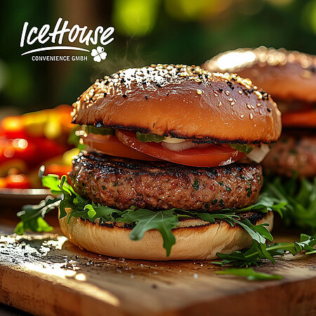 Zwei üppig belegte Burger auf einem Holzbrett. Im Hintergrund sieht man Gemüse. In der oberen linken Bildecke ist das Logo von Icehouse eingefügt. 