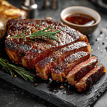 US Rib Eye Steak, angeschnitten auf Holzbrett