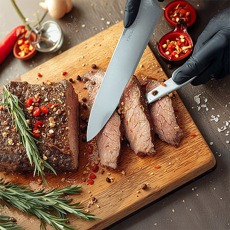 Braten auf einem Holzbrett. Einige Scheiben sind bereits abgeschnitten. Das Schneidemesser liegt ebenfalls auf dem Brett, außerdem einige Gewürze und Kräuter. 