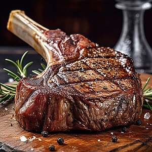 Ein gegrilltes Steak, aus dem ein Knochen ragt. Es ist gut durchgebraten und hübsch auf einem Holzbrett angerichtet. 