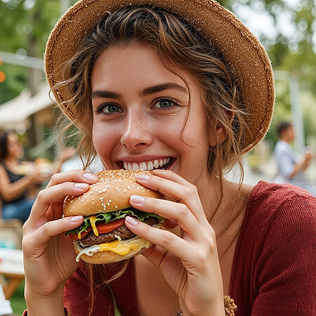 Eine Frau in einem roten Oberteil und mit einem Strohhut sitzt im Freien und beißt fröhlich in einen Burger, den sie mit beiden Händen festhält.