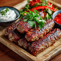 Cevapcici mit Salat auf Holzbrett