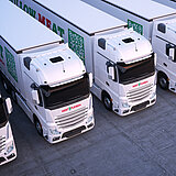 LKW von Westfleisch stehen nebeneinander auf einem Parkplatz. Sie sind weiß mit einem Aufdruck des Westfleisch Logos vorne am Fahrzeug. 