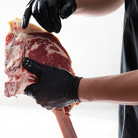 Ein Mann hält ein großes Stück Fleisch mit schwarzen Lebensmittelhandschuhen fest und deutet dabei auf einen bestimmten Punkt an dem Fleischstück. Von dem Mann sieht man nur die Arme und Hände sowie ein Stück schwarzer Schürze.