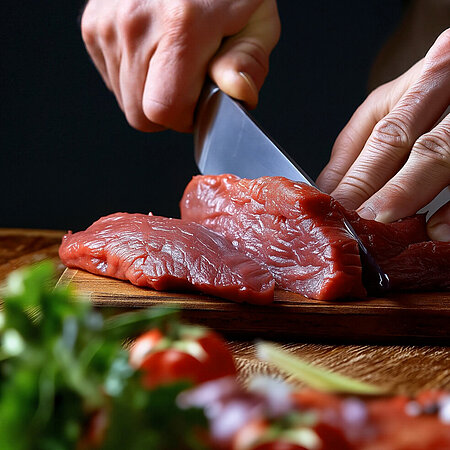 Ein großes Stück rohes Fleisch wird mit einem Fleischmesser in einzelne Portionen geschnitten. Im Vordergrund sieht man Gemüse wie Salat und Zwiebeln. Von der schneidenden Person sieht man nur die Hände. 