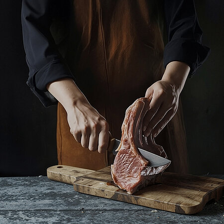 Eine Person in einer Schürze schneidet mit einem großen Messer eine Stück Fleisch aus einem größeren heraus. Das Fleisch befindet sich auf einem großen Holzbrett auf einem Tisch.
